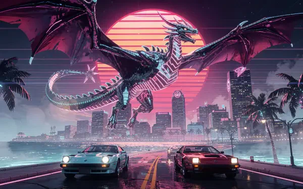 4K Ultra HD PC desktop wallpaper: neon‑lit wyvern soars over a retro‑futuristic city and magenta sun while two sports cars race along a rain‑slick palm‑lined boulevard.