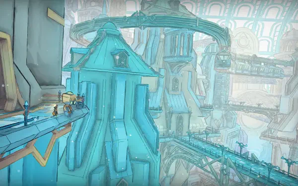 HD PC desktop wallpaper and background from the video game Mio: Memories in Orbit — teal floating cityscape with interconnected bridges and airy platforms.