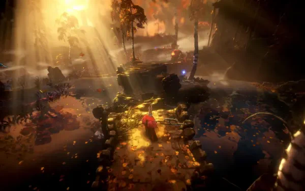 HD PC desktop wallpaper from the video game No Rest for the Wicked: a hooded figure crosses a glowing stone bridge into sunlit, overgrown ruins with distant threats.