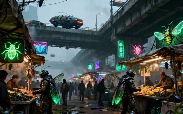 4K Ultra HD PC desktop wallpaper and background: rain-soaked cyberpunk street market beneath an overpass, neon insect signs, vendors, armored figures with glowing wings, hovering vehicle above.