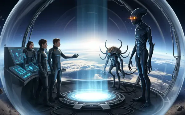 4K Ultra HD PC Desktop Wallpaper and Background: crew in a glass orbital observatory confront two alien beings above Earth, a glowing holographic platform and control consoles.