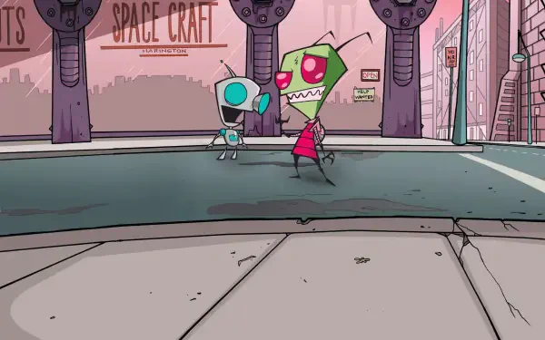 Invader Zim TV show 4K Ultra HD PC desktop wallpaper and background: Zim and GIR on a city street with industrial buildings under a pink sky.