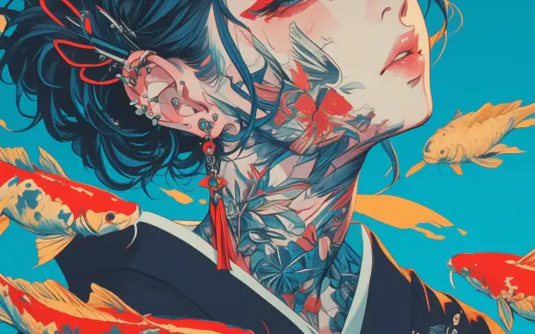 AI-art anime girl with koi swimming around her, floral neck tattoos and ornate earrings in vivid teal and red — 2K Quad HD PC desktop wallpaper/background.