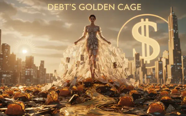 4K Ultra HD PC desktop wallpaper: DEBT'S GOLDEN CAGE — a woman in a gown of credit cards and bills stands among golden coins and a giant dollar over a cityscape, symbolizing credit card debt.