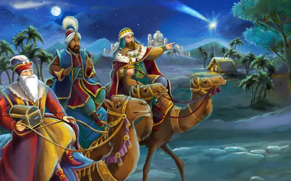 HD illustrated religious holiday PC desktop wallpaper background: the Biblical Magi kings on camels follow a bright guiding star across a moonlit desert toward Bethlehem.