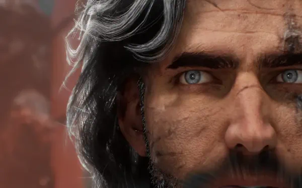 Close-up of a rugged male game character, gray hair and blue eyes, weathered skin — Clair Obscur: Expedition 33 5K Ultra HD PC desktop wallpaper.