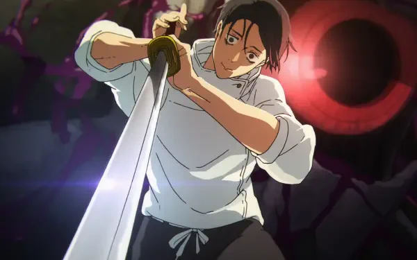 Anime HD PC desktop wallpaper of Yuta Okkotsu from Jujutsu Kaisen gripping a drawn sword with a glowing red eye looming behind him.