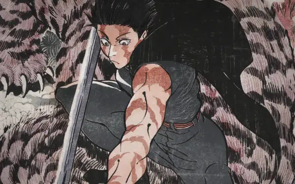 Anime Jujutsu Kaisen HD PC desktop wallpaper: fierce fighter lunging with a long sword, blood-streaked arm and torn clothing set against a dark, textured background.