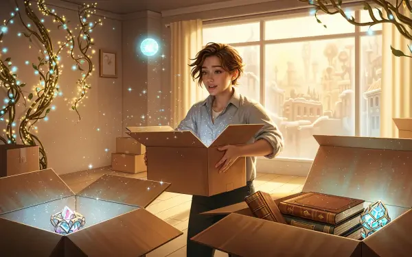 4K Ultra HD PC desktop wallpaper and background: warm digital illustration of a smiling person unpacking glowing treasures and books in a sunlit room with fairy lights and a city view.