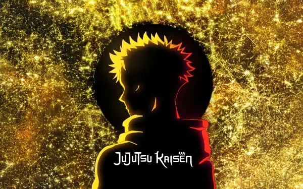 Anime Jujutsu Kaisen 5K Ultra HD PC desktop wallpaper of Yuji Itadori silhouetted against a glittering gold backdrop, red hoodie and the series logo at the bottom.