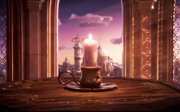 Prince of Persia: The Sands of Time Remake 2K Quad HD PC wallpaper: a burning candle in an ornate cup on a wooden table, framed by an arched window overlooking a domed Persian city at sunset.