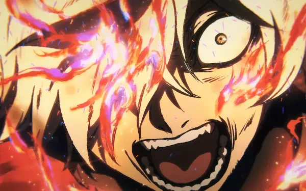 Anime HD PC wallpaper of Gabimaru (Hell's Paradise): extreme close-up of his screaming face, a wild eye and purple-orange flames licking his skin.