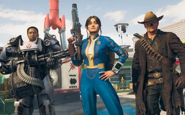 2K Quad HD PC wallpaper: crossover video game scene combining Call of Duty: Black Ops 7 and Fallout — armored soldier, Vault-suit hero, and gunfighter standing in a retro-futuristic town.