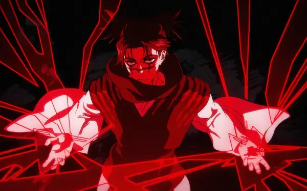 Red-toned 4K Ultra HD PC wallpaper of Choso from Jujutsu Kaisen 3rd Season — dark background, blood-red threads radiating from his outstretched hands.