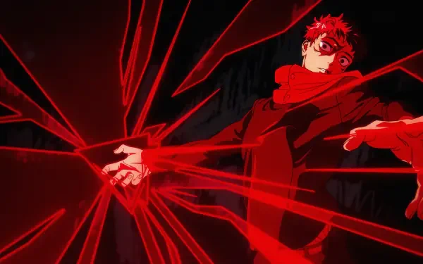 Anime 4K Ultra HD PC wallpaper: Yuji Itadori (Jujutsu Kaisen 3rd Season) lunges forward as crimson, shard-like energy radiates and fractures around him.