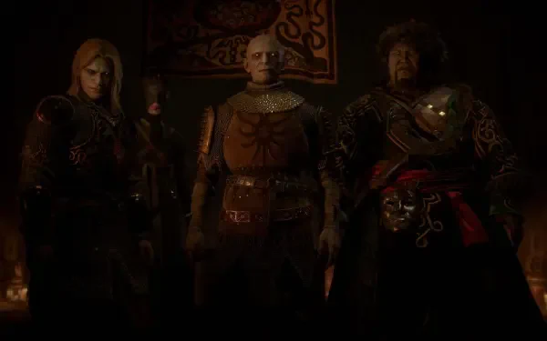 HD PC desktop wallpaper/background for the video game The Blood of Dawnwalker: three armored, grim-faced warriors stand in a dim, torchlit hall.