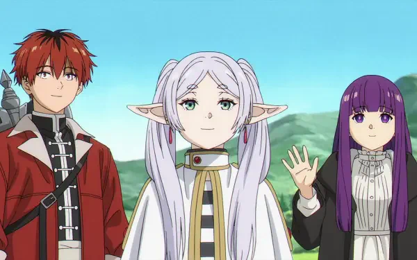 Anime HD PC desktop wallpaper of Frieren: Beyond Journey's End — Frieren, Fern, and Stark standing before rolling green hills under a clear blue sky.