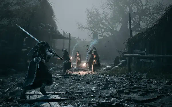 HD PC desktop wallpaper from the video game Mortal Shell II: rain-soaked ruined village where armored warriors face off around a glowing brazier.