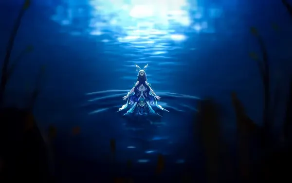 Genshin Impact — Lauma kneels in glowing deep-blue water, radiating light and ripples in a 4K Ultra HD PC desktop wallpaper background.