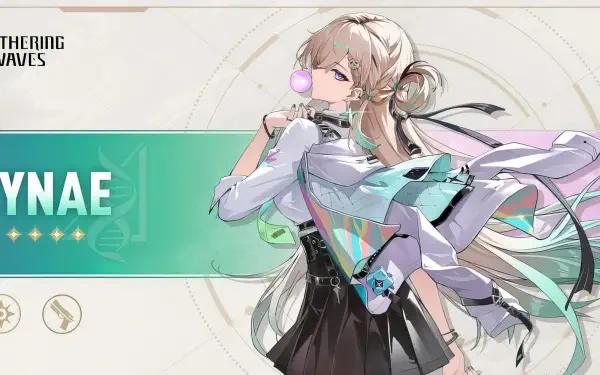 HD PC desktop wallpaper/background of Lynae (Wuthering Waves): pastel sci‑fi portrait with flowing hair, translucent coat, teal accents and a minimalist circular motif.