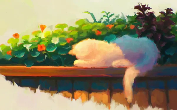 HD PC desktop wallpaper background: fluffy white cat naps atop a wooden fence surrounded by bright spring flowers bathed in warm, golden light.