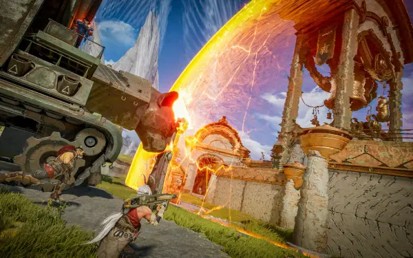 HD PC desktop wallpaper and background: Highguard video game scene — soldiers and an armored vehicle clash beside a glowing orange barrier dome around ornate ruins.