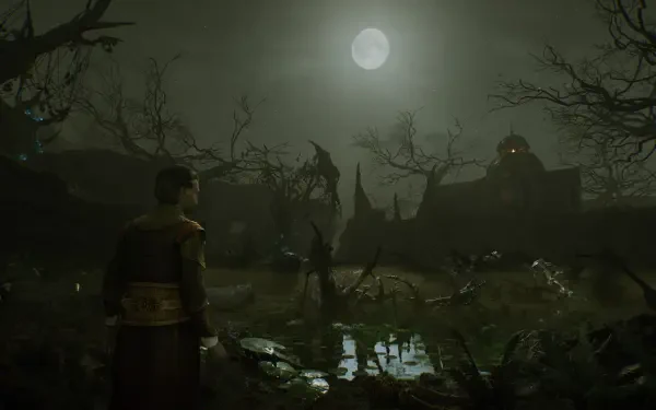 HD PC desktop wallpaper and background for the video game Vampires: Bloodlord Rising — a moonlit swamp with a cloaked figure, twisted trees, glowing eyes and a distant ruined manor.