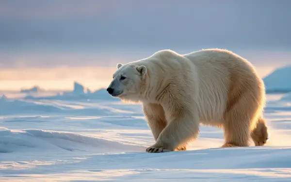 Polar bear walking across sunlit Arctic ice at dusk, captured in rich detail as a 4K Ultra HD PC desktop wallpaper and background.