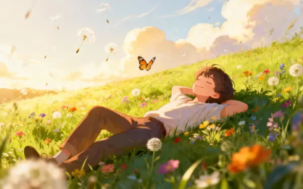 4K Ultra HD PC desktop wallpaper and background: anime-style youth reclines in a sunlit wildflower meadow, eyes closed as a butterfly drifts overhead under a bright blue sky.