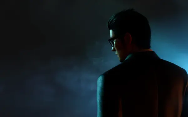 Moody 4K PC wallpaper of Kazuma Kiryu from Like a Dragon Gaiden: The Man Who Erased His Name — back turned in a suit, high-contrast lighting and drifting smoke, yakuza noir atmosphere.