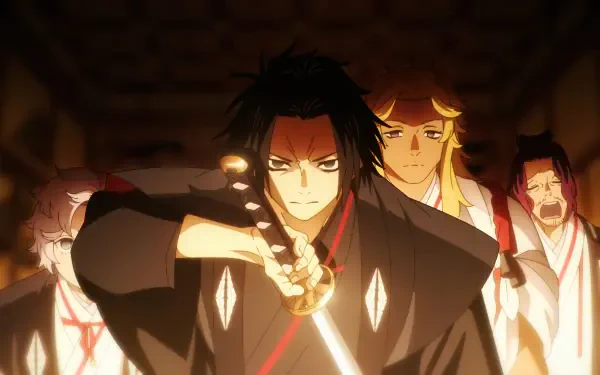 Anime Hell's Paradise anime samurai 4K Ultra HD PC desktop wallpaper/background: stern samurai draws his sword in a torchlit hall as companions stand behind him.