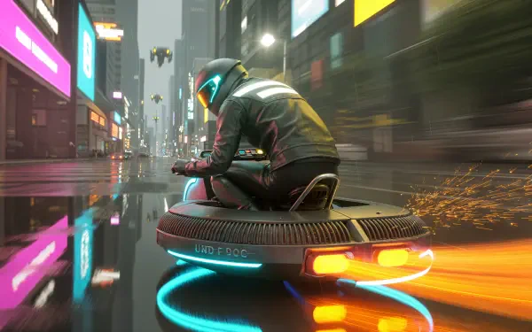 Futuristic rider on a glowing hoverbike racing through neon rain-soaked city streets, sparks trailing — 4K Ultra HD PC Desktop Wallpaper and Background.