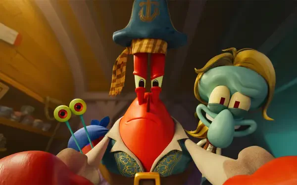 4K Ultra HD desktop wallpaper from The SpongeBob Movie: Search for SquarePants featuring Captain Mr. Krabs in costume, Gary the snail peeking, and a coiffed Squidward behind him.