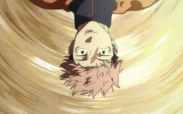 Anime 4K Ultra HD PC wallpaper: Upside-down close-up of Yuji Itadori from Jujutsu Kaisen 3rd Season against a swirling beige background.