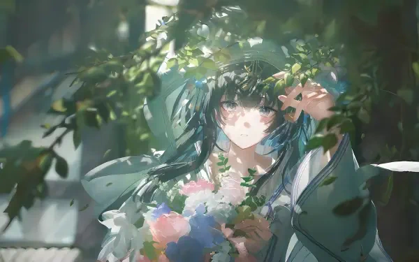 Ethereal anime girl with teal hair and bouquet framed by sunlit leaves, soft painterly tones — 4K Ultra HD PC Desktop Wallpaper and Background.