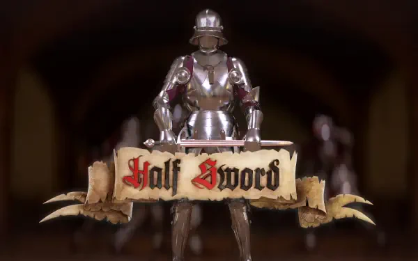 Video game 2K Quad HD PC desktop wallpaper: armored knight in plate armor stands behind a torn parchment banner reading Half Sword, dim medieval hall background.