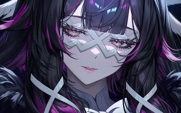 Close-up of Columbina (Genshin Impact) for an ARPG 2K Quad HD PC wallpaper: masked pale face, long dark hair with purple-pink highlights, melancholic gaze and ornate costume.