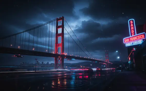 Moody nighttime view of the Golden Gate Bridge reflected in wet pavement, neon San Francisco sign at right — 4K Ultra HD PC desktop wallpaper and background.