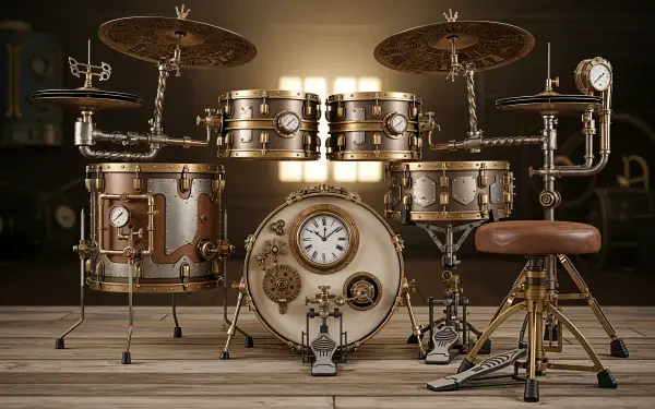 Steampunk drum set with brass gears and a central clock, warm studio lighting on a wooden floor — 4K Ultra HD PC desktop wallpaper and background.