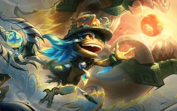 4K Ultra HD PC desktop wallpaper of League of Legends MOBA champion Fizz leaping with glowing orbs, turquoise hair and sea‑themed armor amid swirling waves and golden light.
