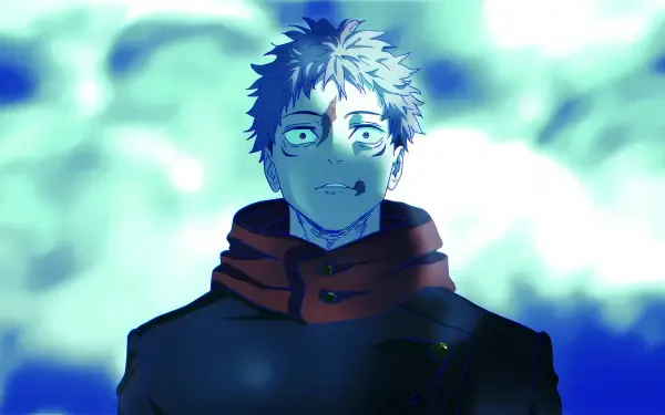 8K Ultra HD blue-toned desktop wallpaper of Yuji Itadori (Jujutsu Kaisen 3rd Season) with a shocked expression against a misty cyan background.