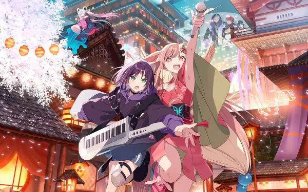 Cosmic Princess Kaguya! 4K Ultra HD PC desktop wallpaper and background: two anime heroines—keytarist and pink-robed singer—perform in a neon-lit temple festival under cherry blossoms and lanterns.