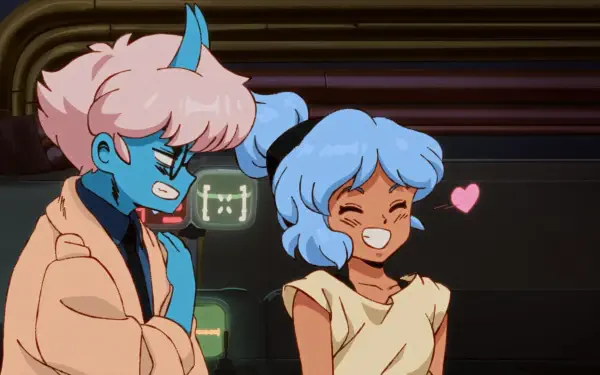 HD PC desktop wallpaper/background from video game Orbitals: retro-anime scene of a pink-haired, blue-skinned horned character beside a laughing blue-haired friend with a small heart.
