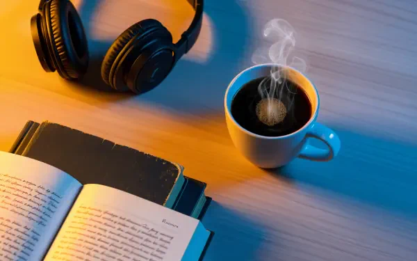 4K Ultra HD PC Desktop Wallpaper and Background: steaming cup of coffee, open book and headphones on a wooden desk bathed in warm orange and cool blue light.