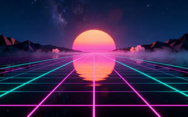 Neon grid vanishing toward a glowing pink sun over reflective water and misty mountains under a starry sky — 4K Ultra HD PC Desktop Wallpaper and Background