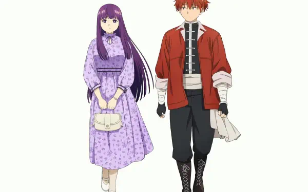 4K Ultra HD PC desktop wallpaper and background — Anime: Frieren: Beyond Journey's End featuring Fern in a lilac dress and Stark in a red jacket walking side by side on a white background.