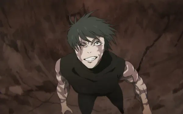 Anime Jujutsu Kaisen — Maki Zenin, 4K Ultra HD PC desktop wallpaper: grinning fiercely, torn sleeves and dark scarf, viewed from above against cracked earth.