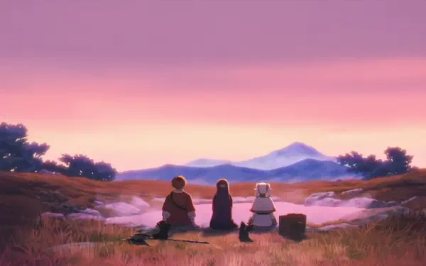 HD PC anime desktop wallpaper of Stark, Fern, and Frieren (Frieren: Beyond Journey's End) sitting on a hillside at sunset, backs to viewer, gazing toward distant mountains.