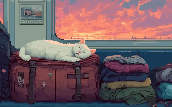 AI-generated pixel art of a white cat napping on a red duffel in a train at sunset — 2K Quad HD PC desktop wallpaper/background.