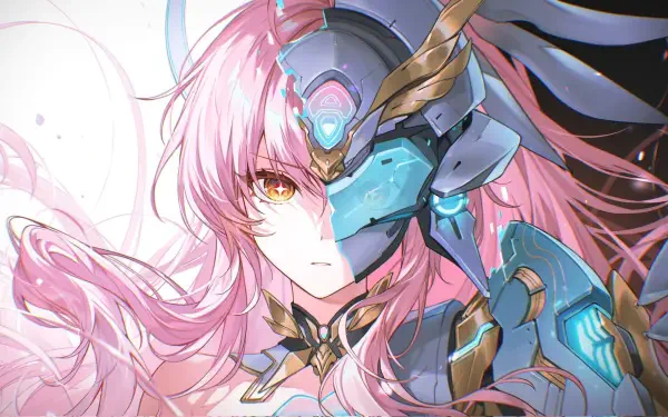 HD PC wallpaper of Aemeath (Wuthering Waves): pink‑haired ARPG heroine with flowing hair and a blue cybernetic half‑mask.